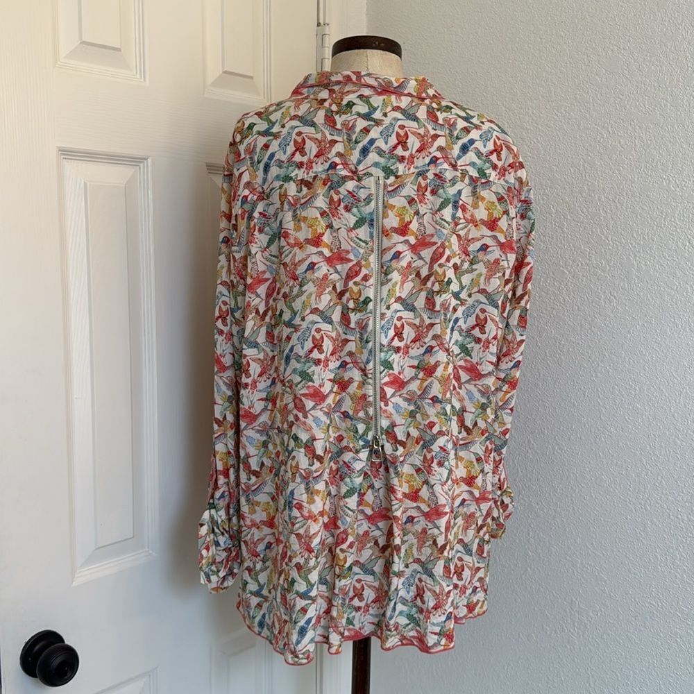 John Mark Multicolor Bird Print Button-Up Blouse - White Base - Picture 12 of 12